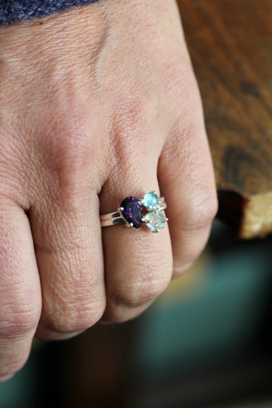 Amethyst Aquamarine Blue Apatite Ring