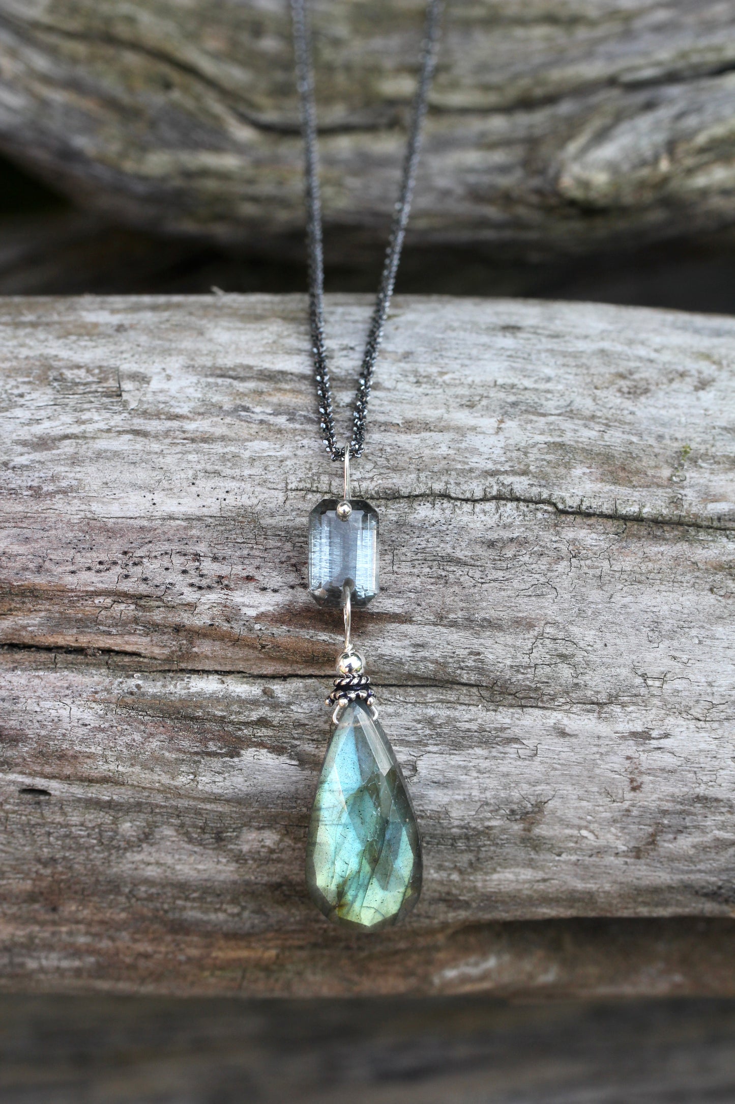 Labradorite Aquamarine Oxidized Silver Necklace
