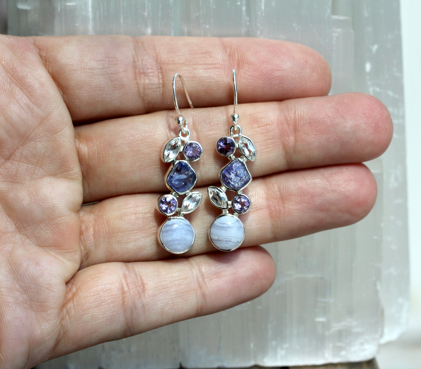 Blue Lace Agate Tanzanite Amethyst White Topaz Earrings