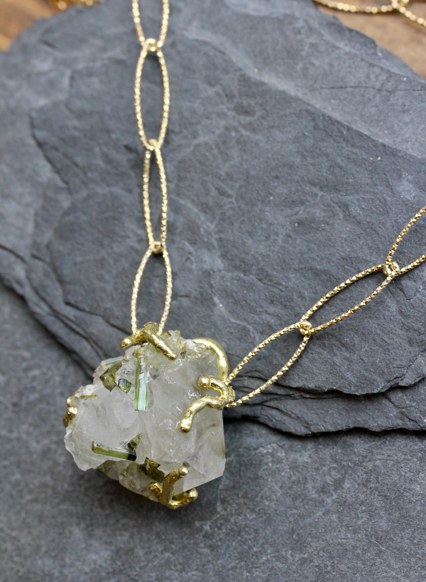 Tourmalinated Quartz Chunky Crystal Gold Necklace