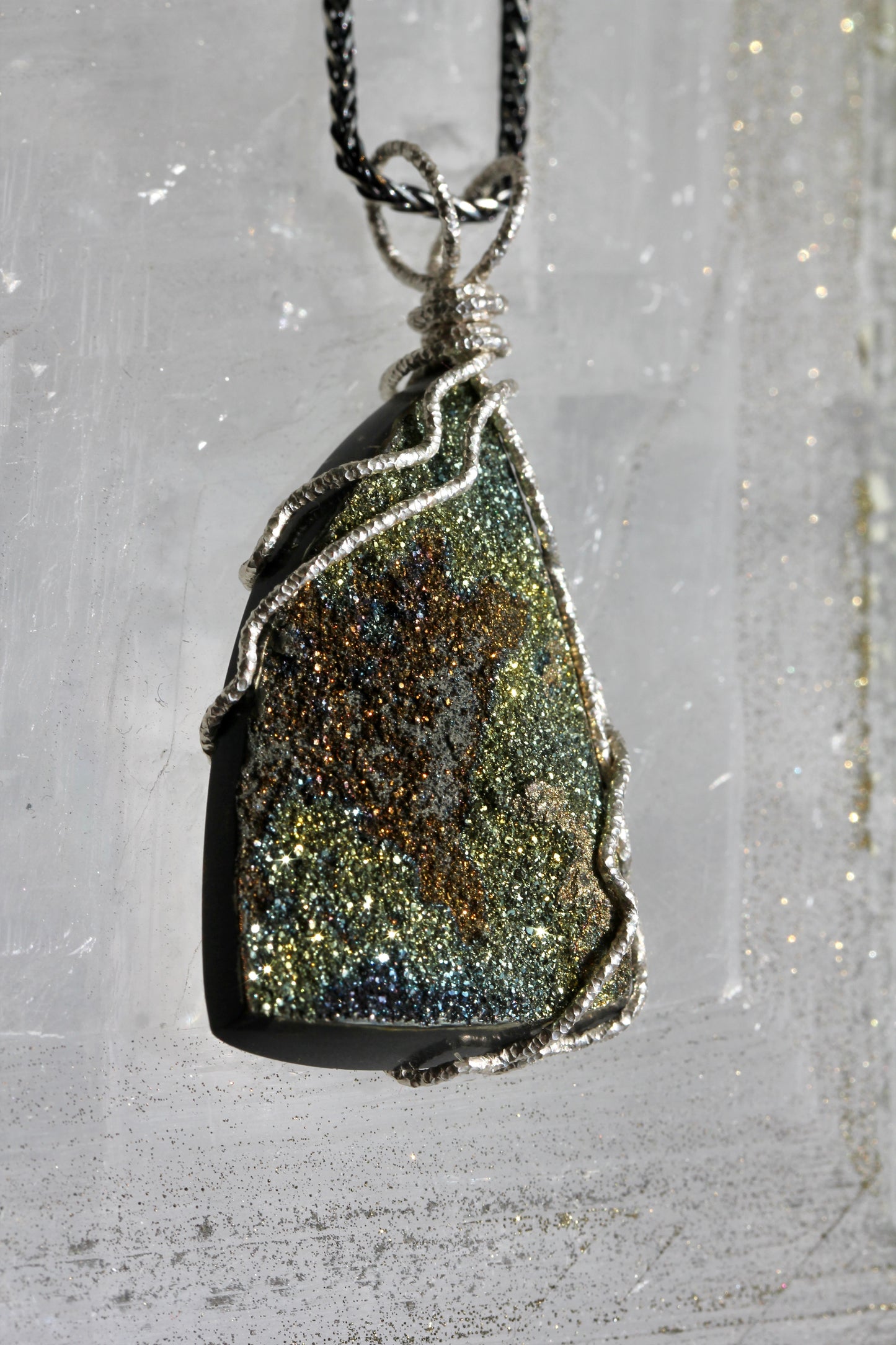 Rainbow Pyrite Freeform Silver Wrap Pendant