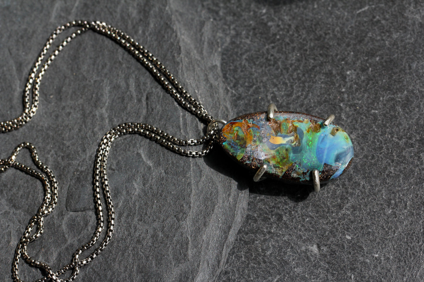 Boulder Opal Oxidized Silver Necklace