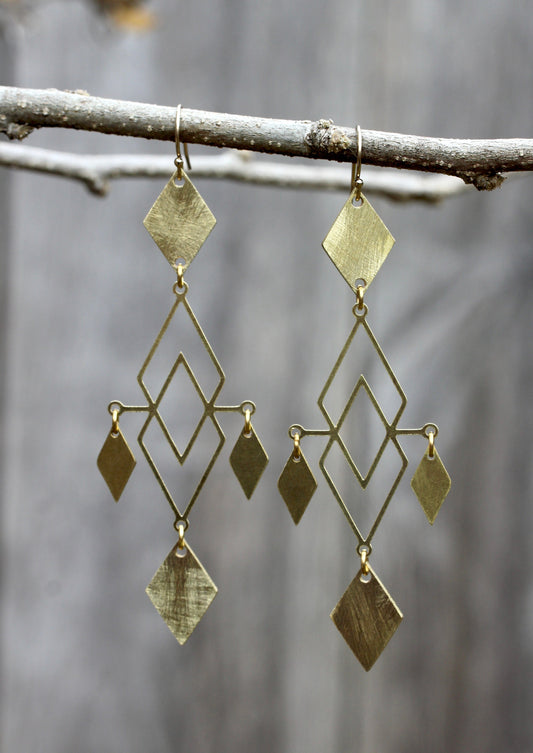 Brass Diamond Chandelier Earrings