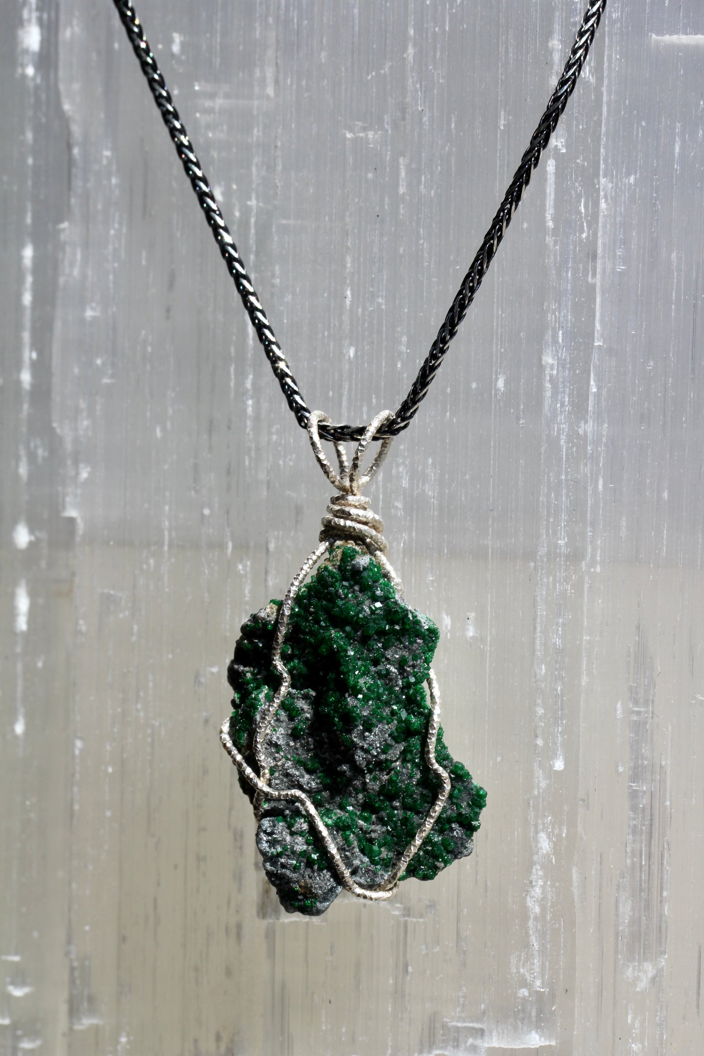 Uvarovite Silver Wrap Druzy Pendant