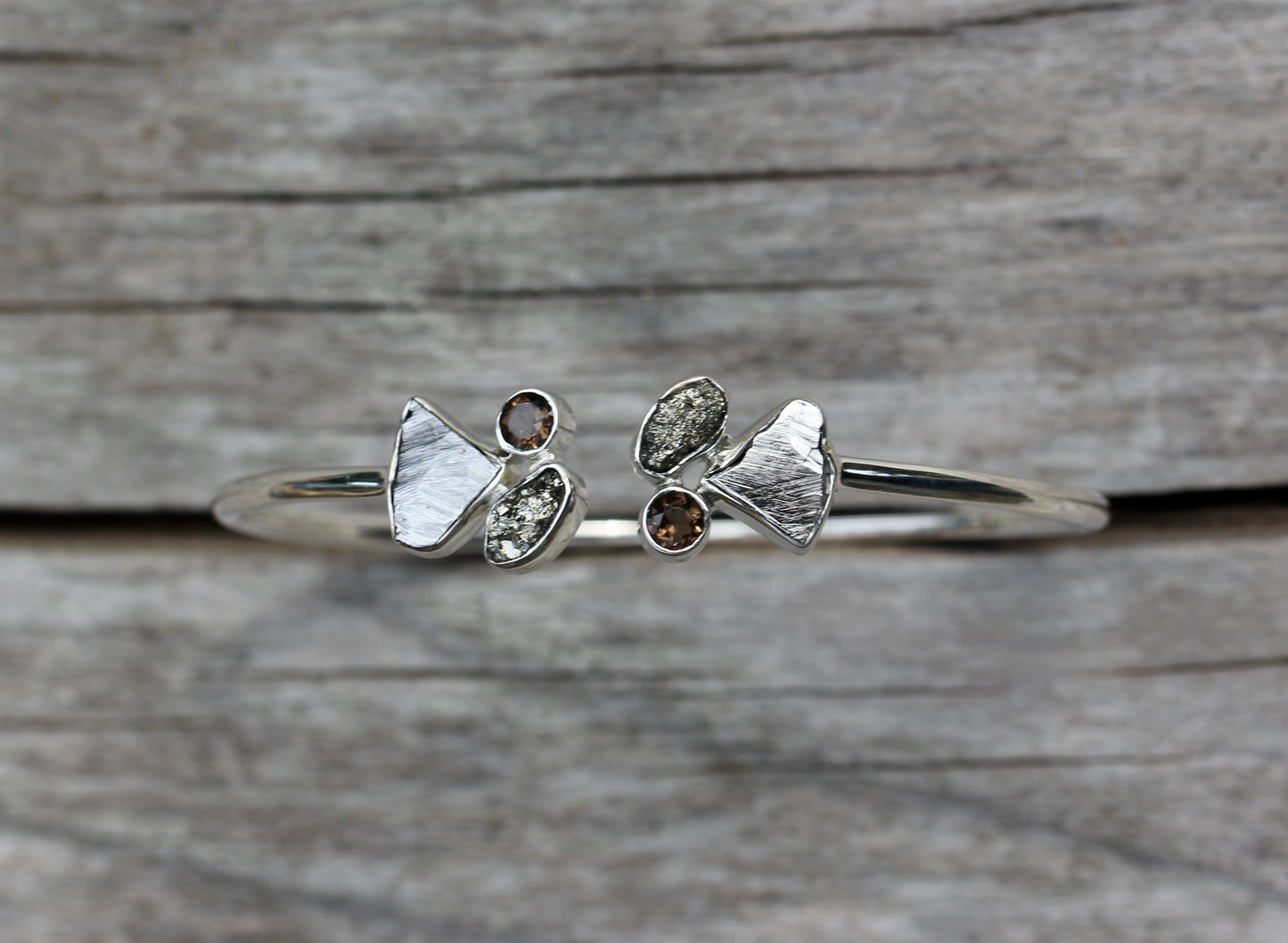 Meteorite Pyrite Smokey Quartz Silver Cuff Bracelet