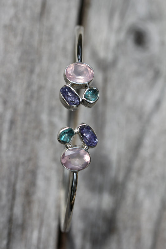 Rose Quartz Tanzanite Apatite Silver Flex Bracelet