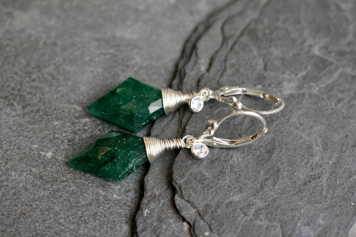 Green Aventurine CZ Diamond Drop Earrings