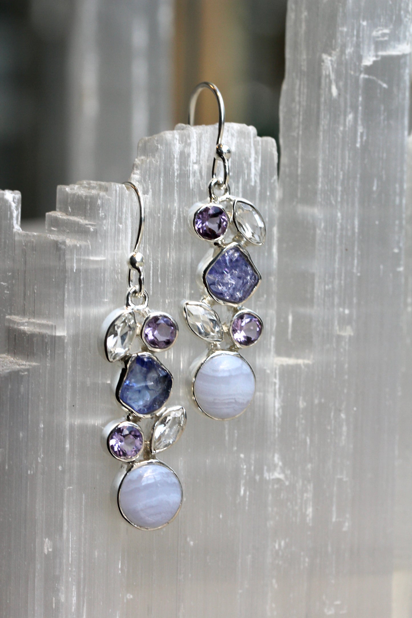 Blue Lace Agate Tanzanite Amethyst White Topaz Earrings