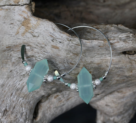Aqua Chalcedony Crystal Point Hoops