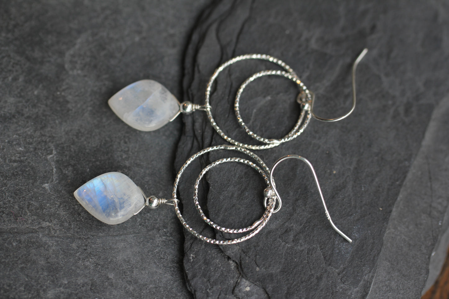 Rainbow Moonstone Double Ring Drop Earrings