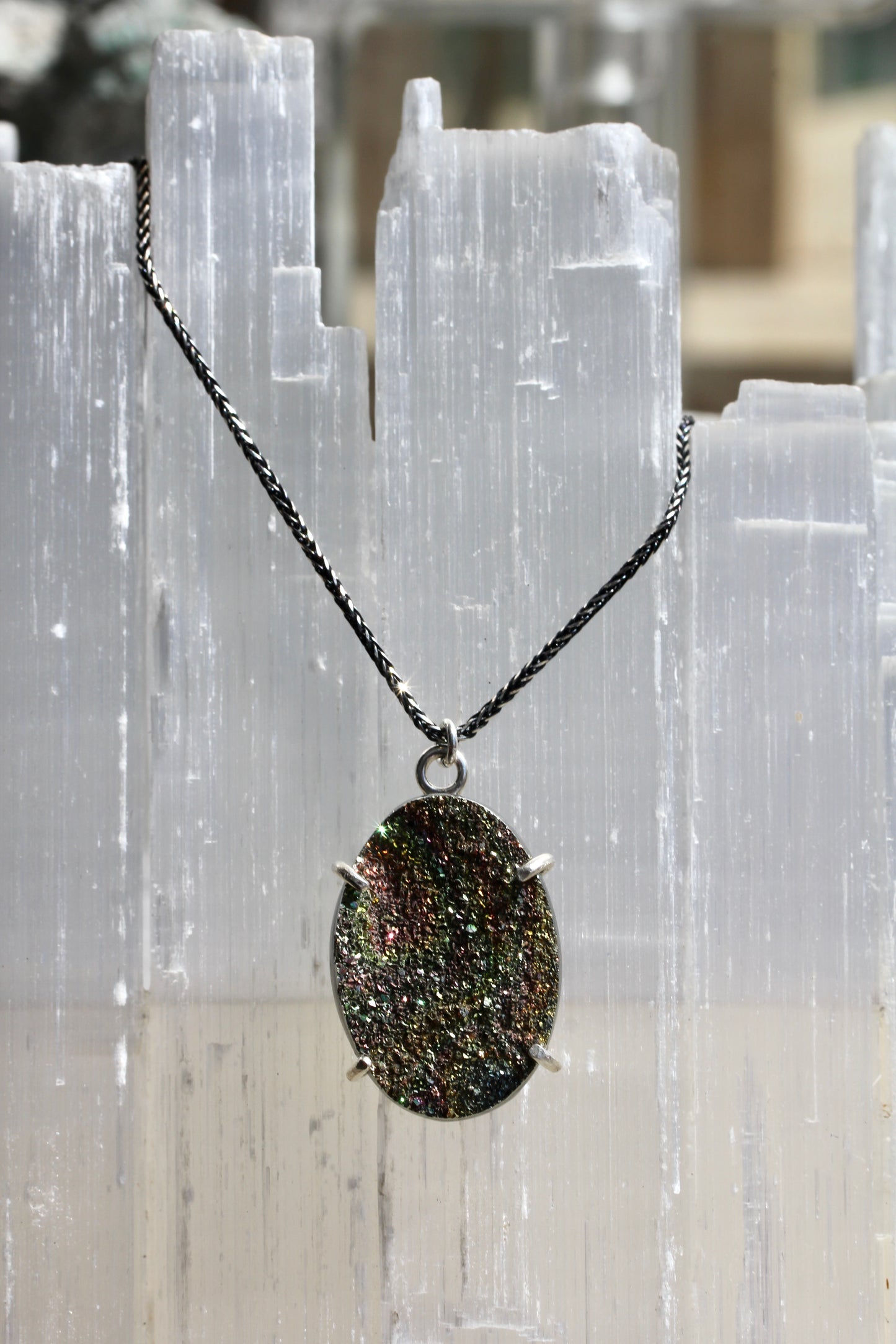 Rainbow Pyrite Oval Pendant Necklace