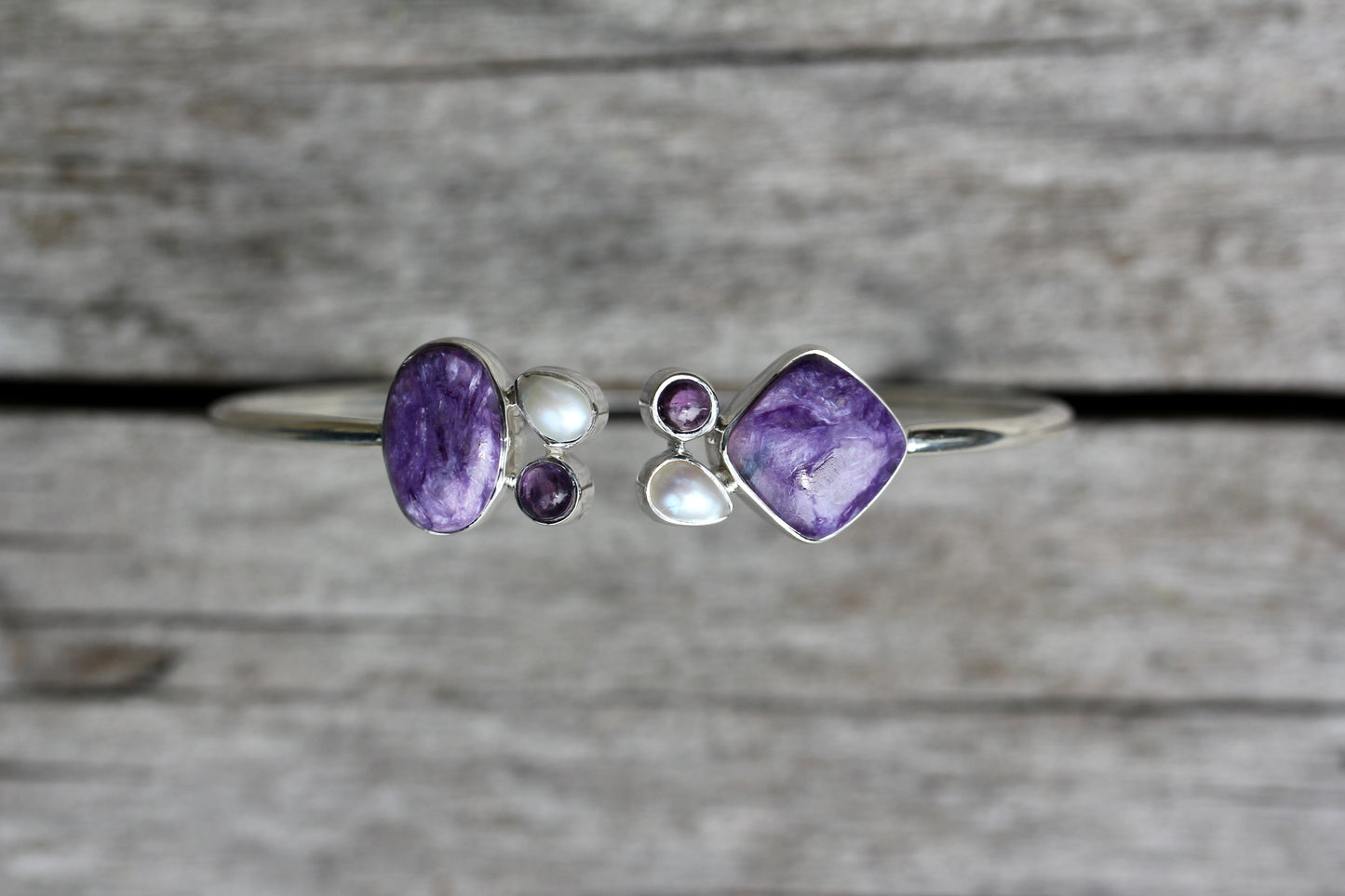 Charoite Pearl Amethyst Silver Flex Bracelet