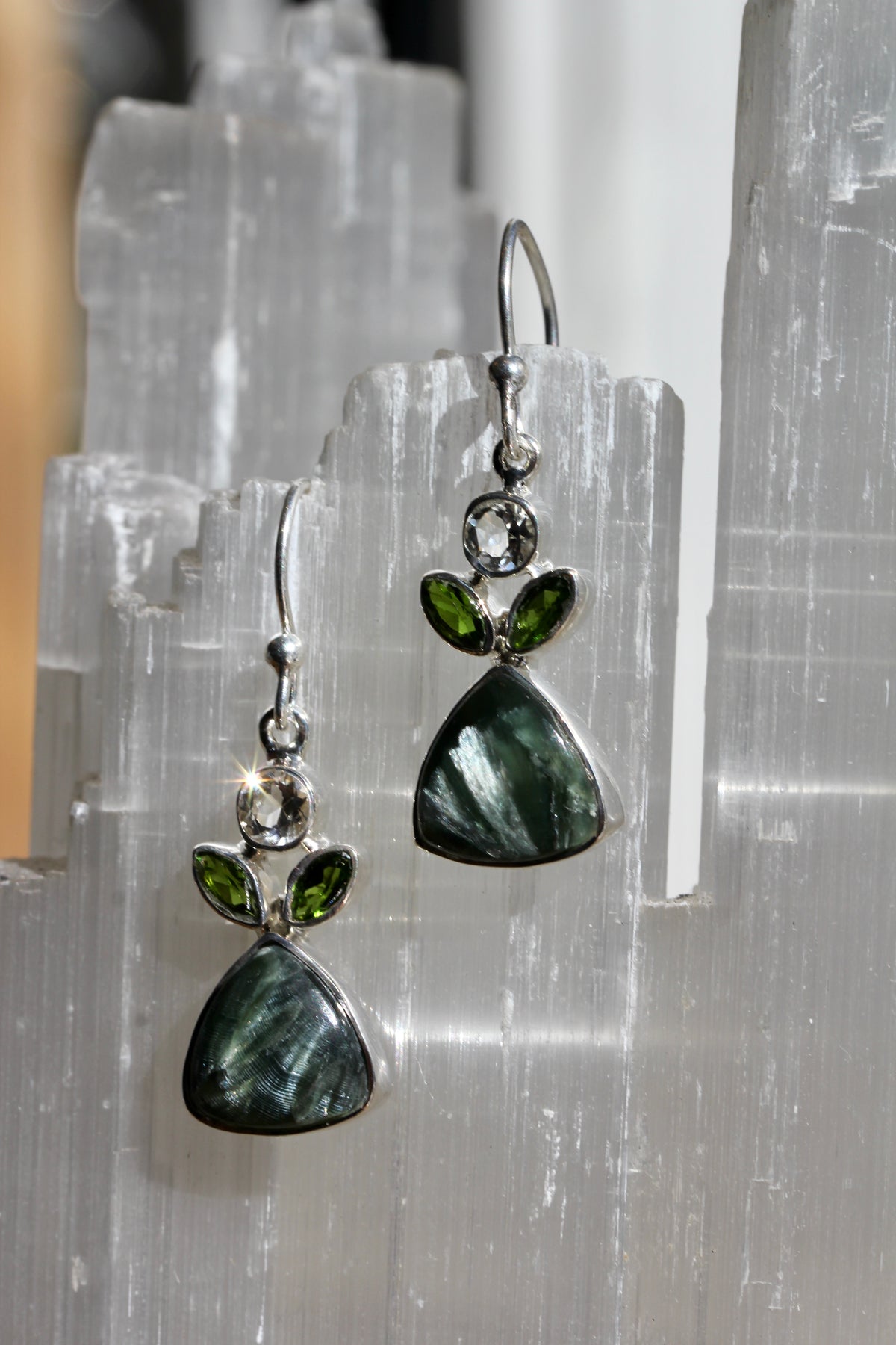 Seraphinite Diopside Topaz Tri Leaf Earrings