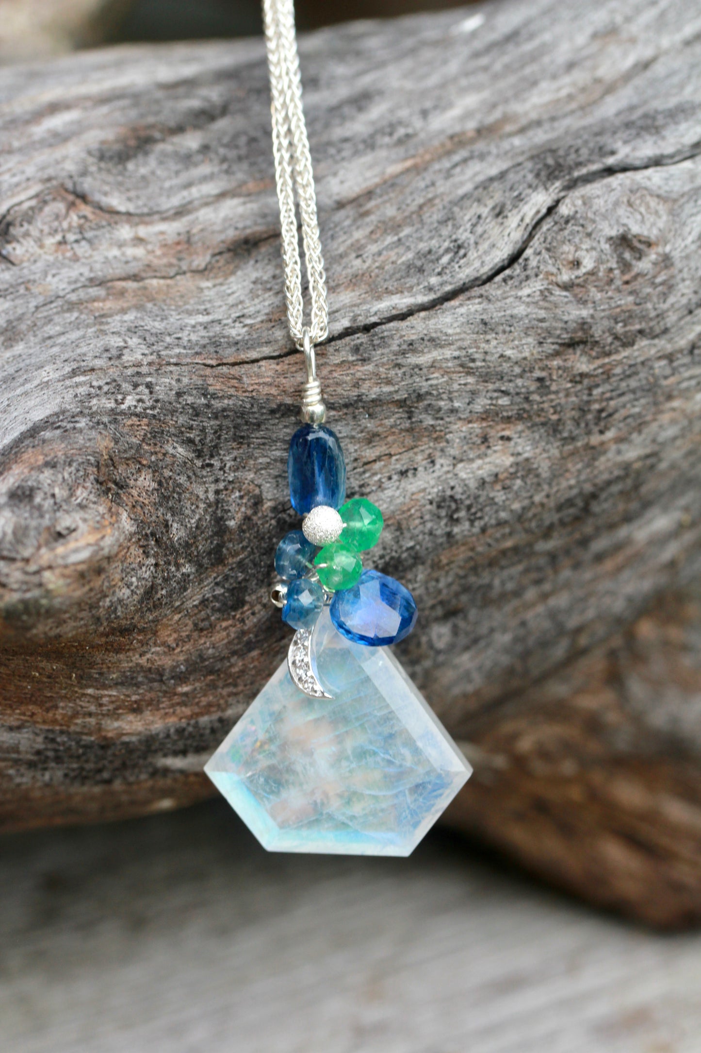 Rainbow Moonstone Moon Gem Necklace with Kyanite and Emerald