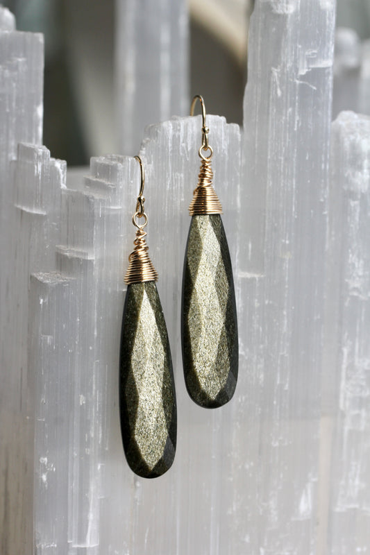 Gold Sheen Obsidian Long Teardrop Earrings