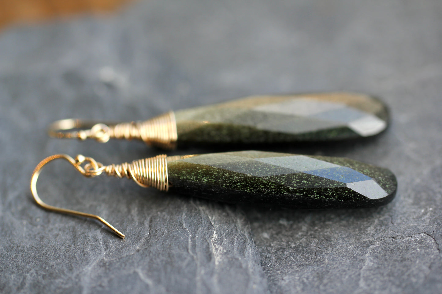 Gold Sheen Obsidian Long Teardrop Earrings