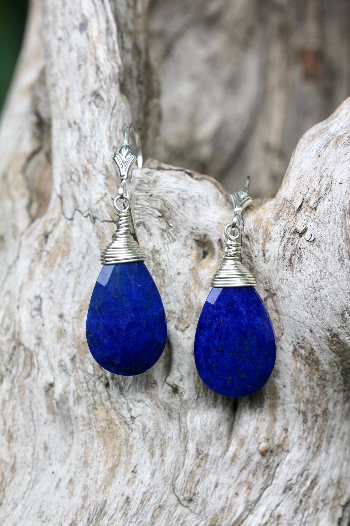 Lapis Teardrop Silver Wrap Earrings