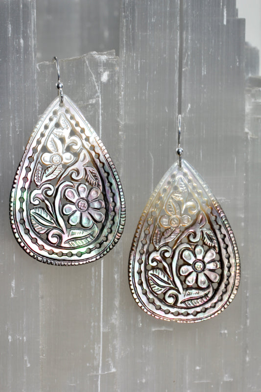 Mother of Pearl Floral Carved Teardrop Earrings