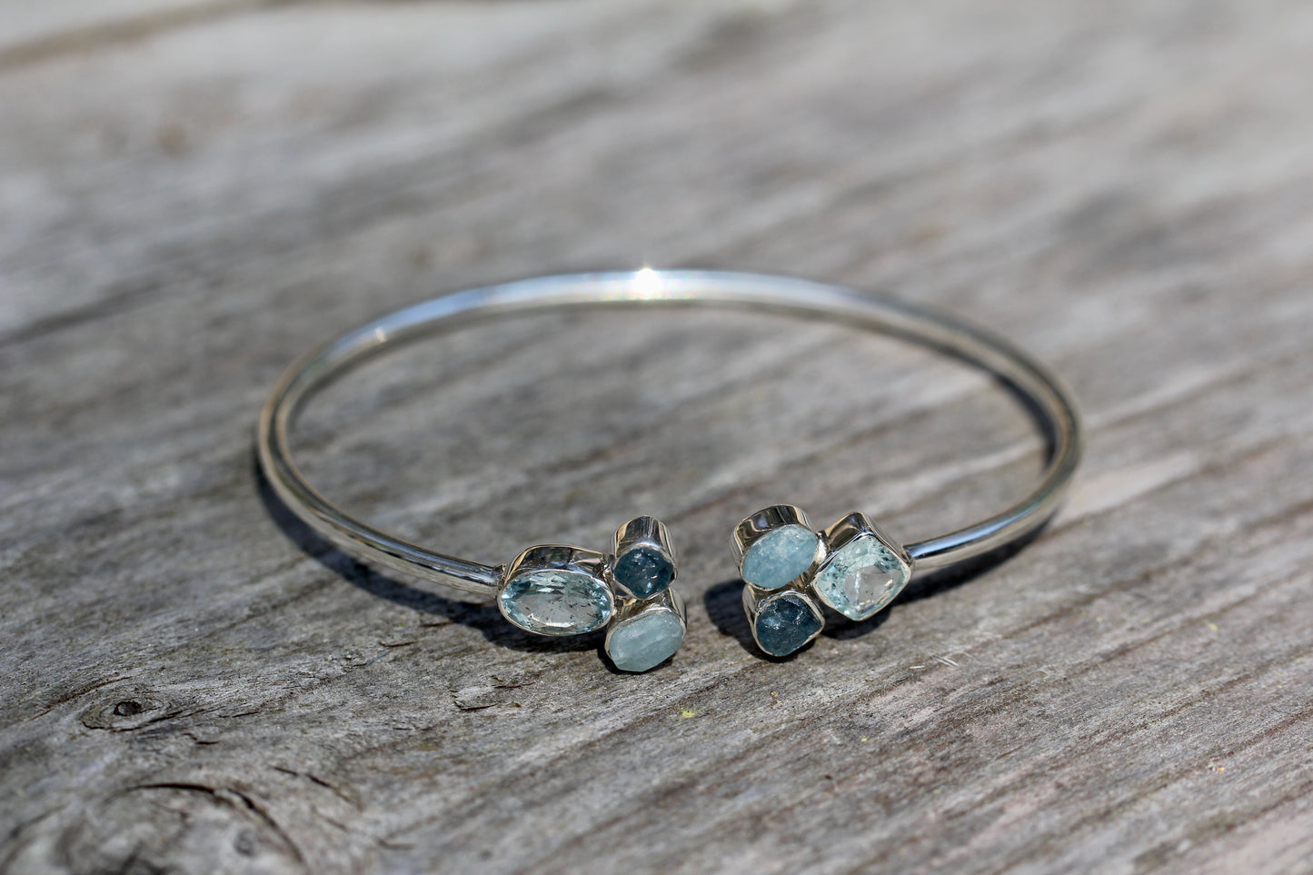 Aquamarine Cluster Silver Flex Bracelet