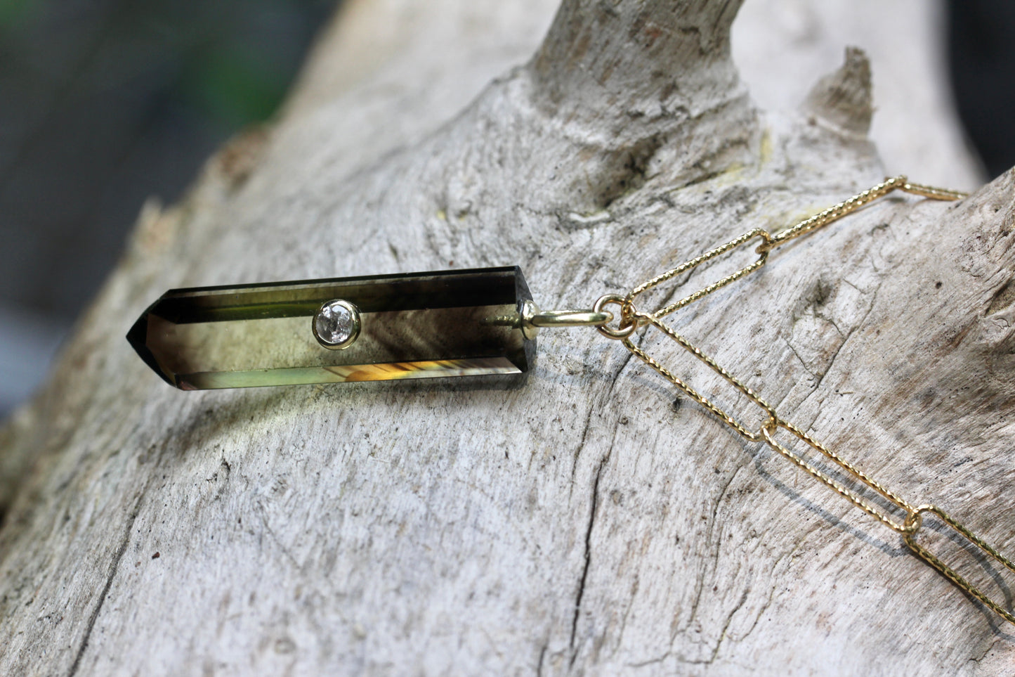 Bi Colored Smokey Quartz Crystal Gold Necklace