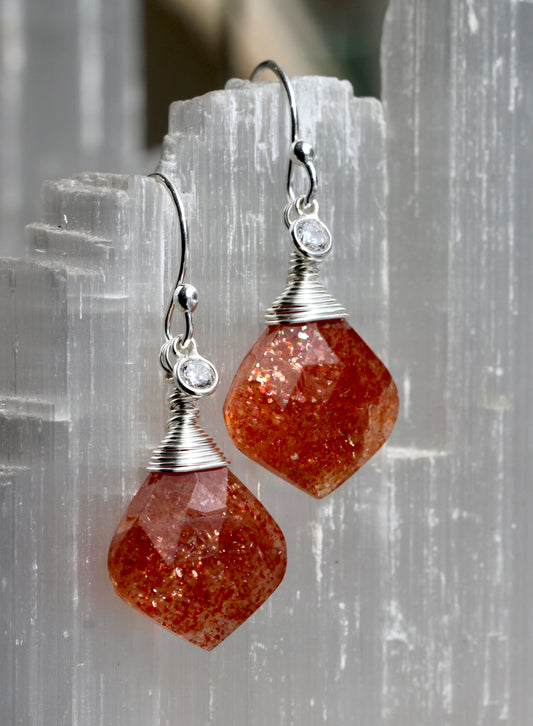 Sunstone CZ Leaf Briolette Drop Earrings