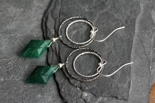 Green Aventurine Diamond Cut Double Ring Drop Earrings