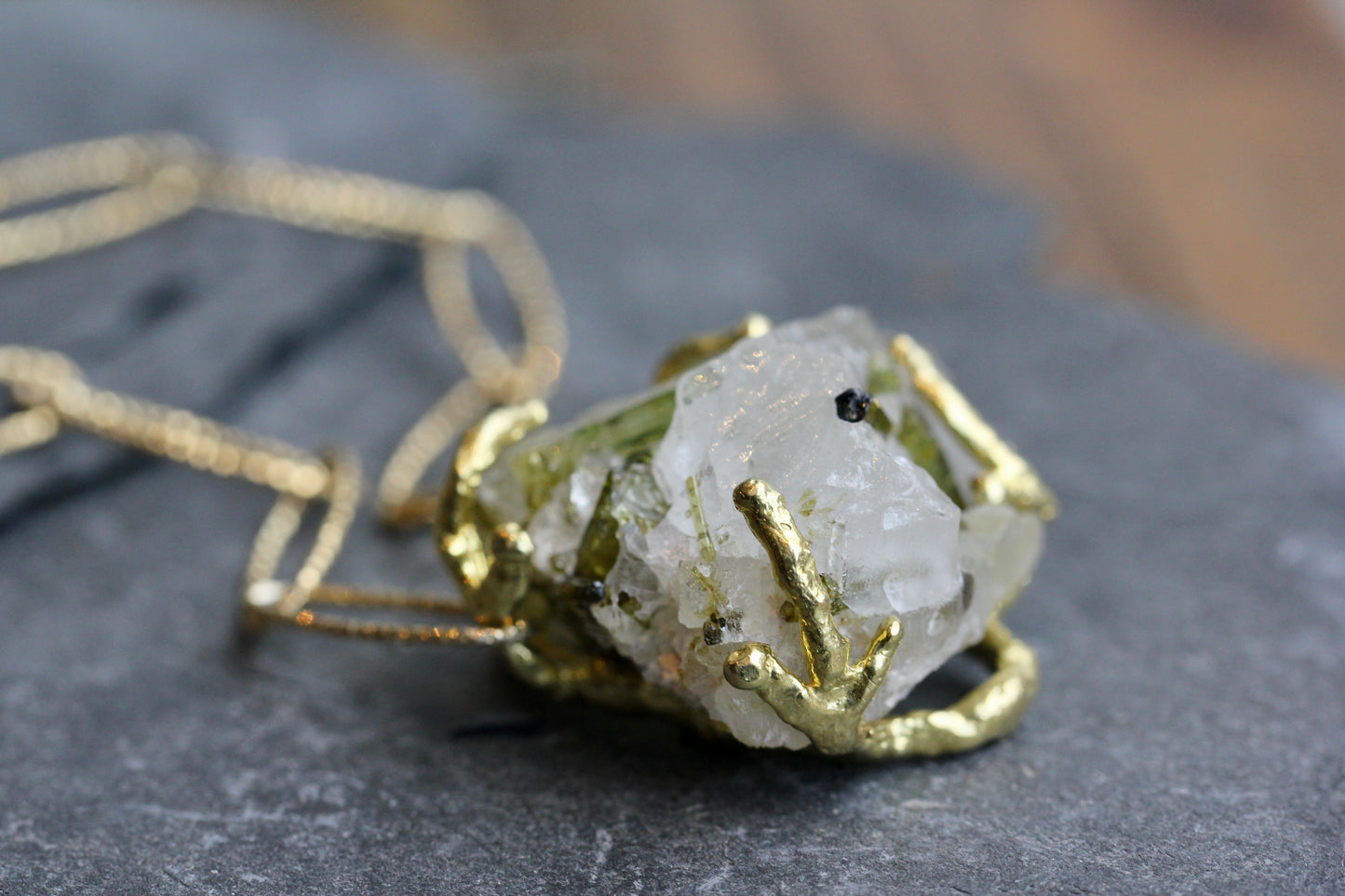 Tourmalinated Quartz Chunky Crystal Gold Necklace