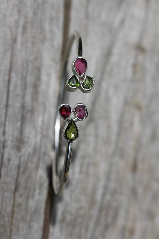Pink and Green Tourmaline Cluster Silver Bracelet