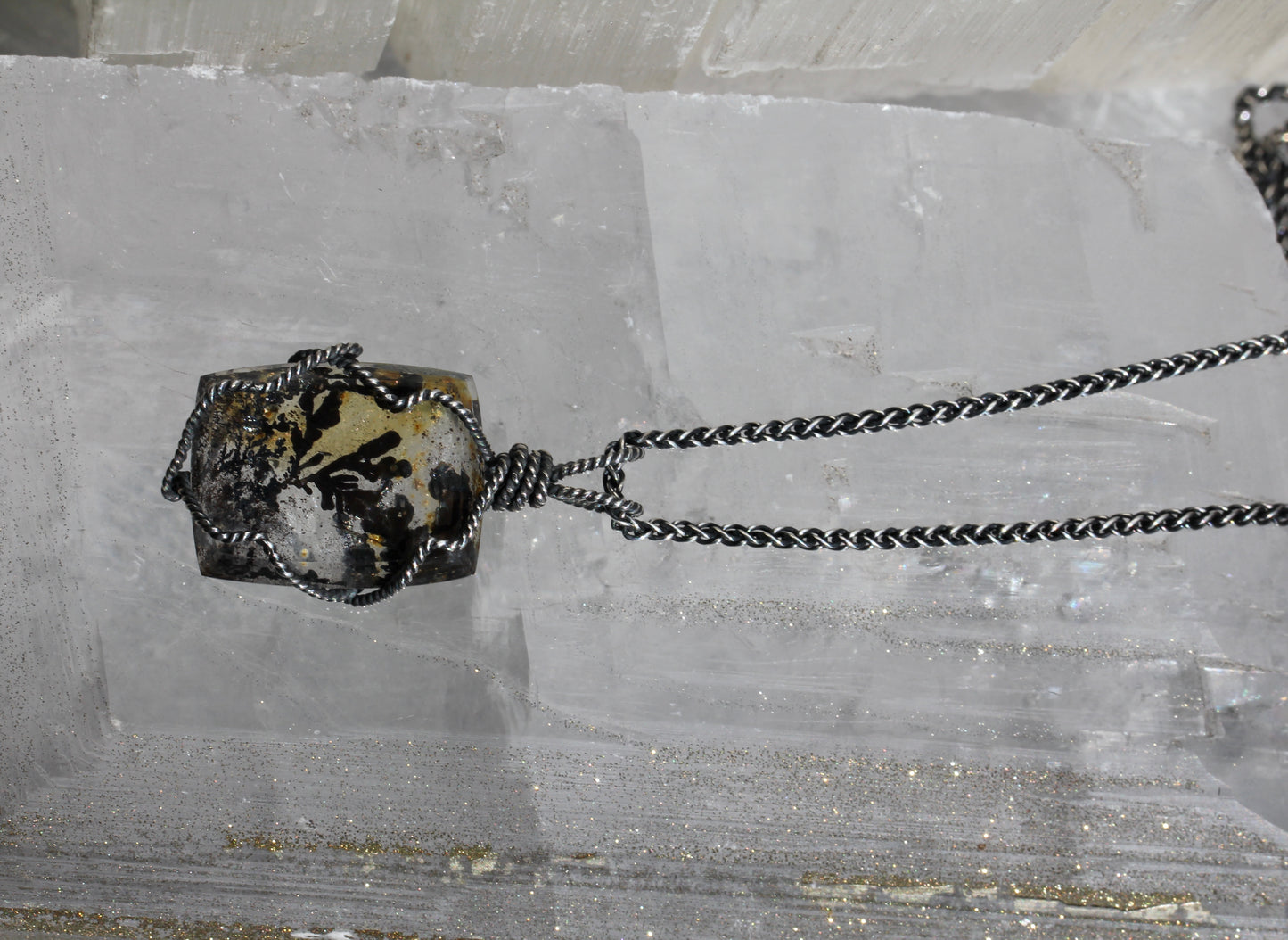 Dendritic Quartz Silver Wrap Necklace