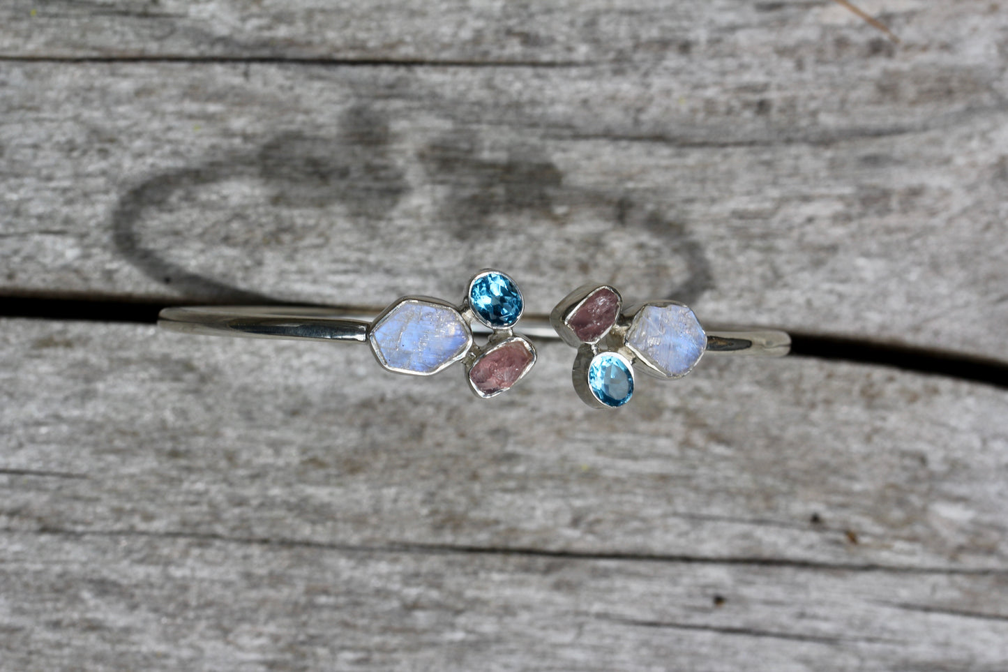 Rainbow Moonstone Blue Topaz Rose Quartz Silver Flex Bracelet