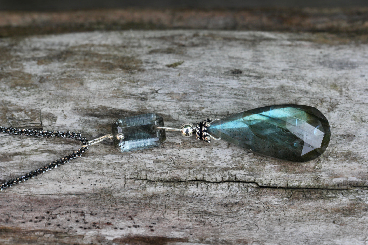 Labradorite Aquamarine Oxidized Silver Necklace