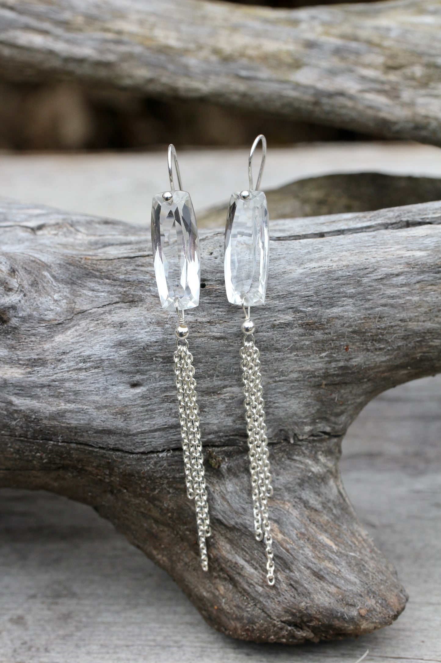 Quartz Baguette Silver Chain Fringe Earrings