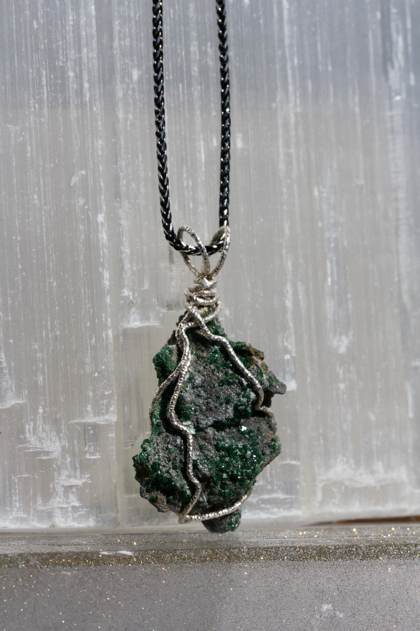 Uvarovite Silver Wrap Druzy Pendant