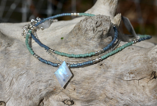 Rainbow Moonstone Silver Layered Necklace