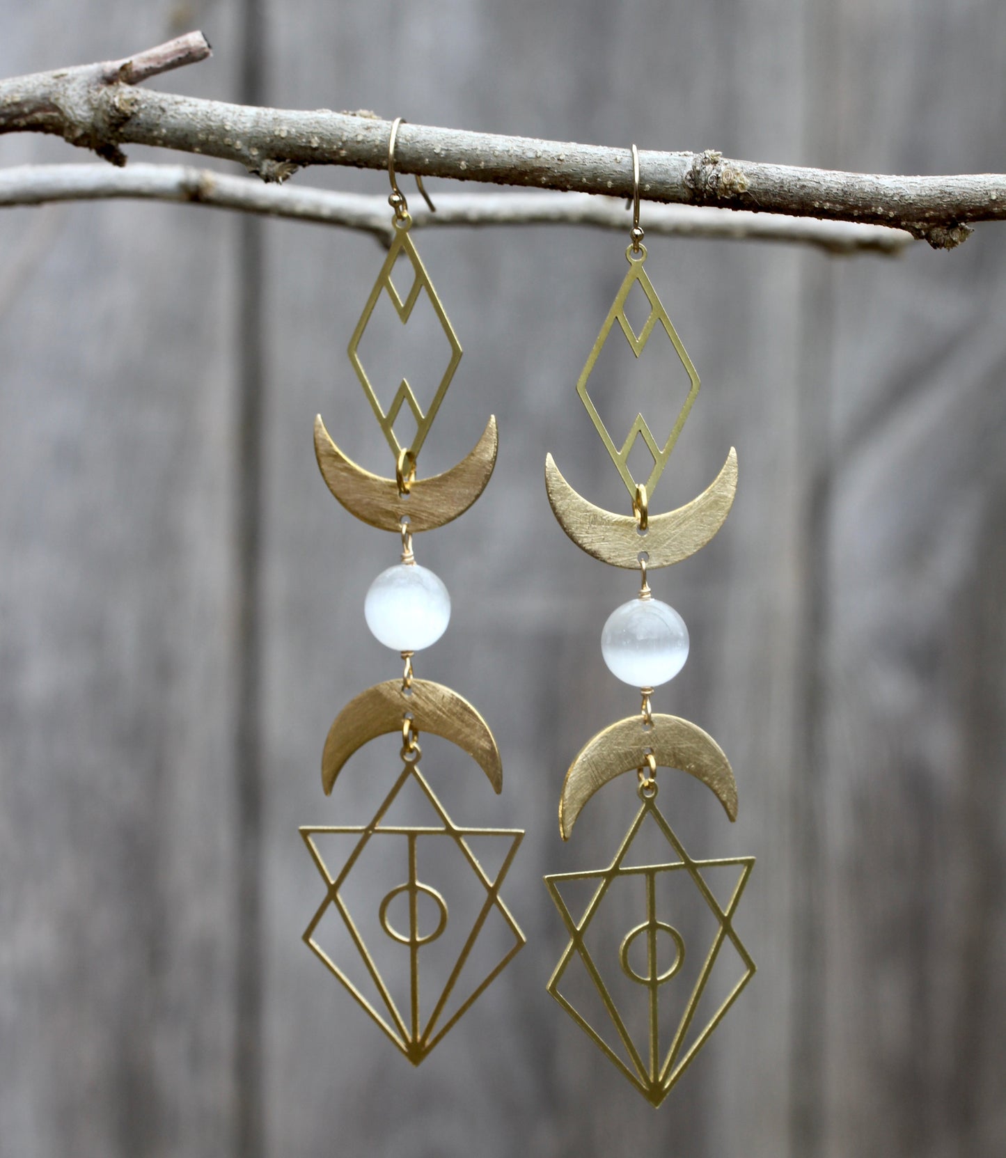 Geometric Selenite Moon Goddess Earrings