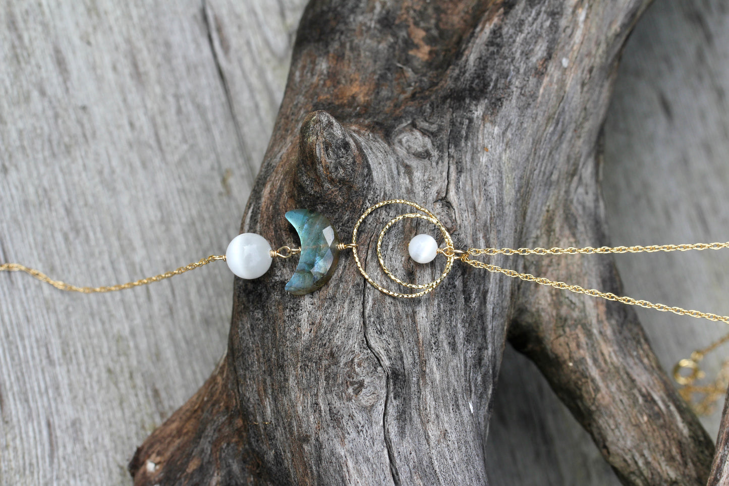 Labradorite Selenite Moon Goddess Gold Necklace