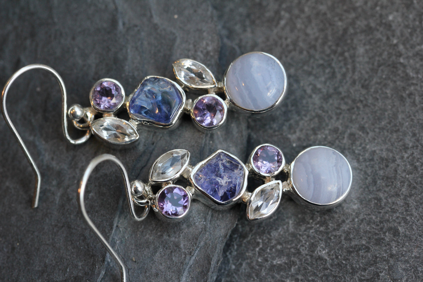 Blue Lace Agate Tanzanite Amethyst White Topaz Earrings