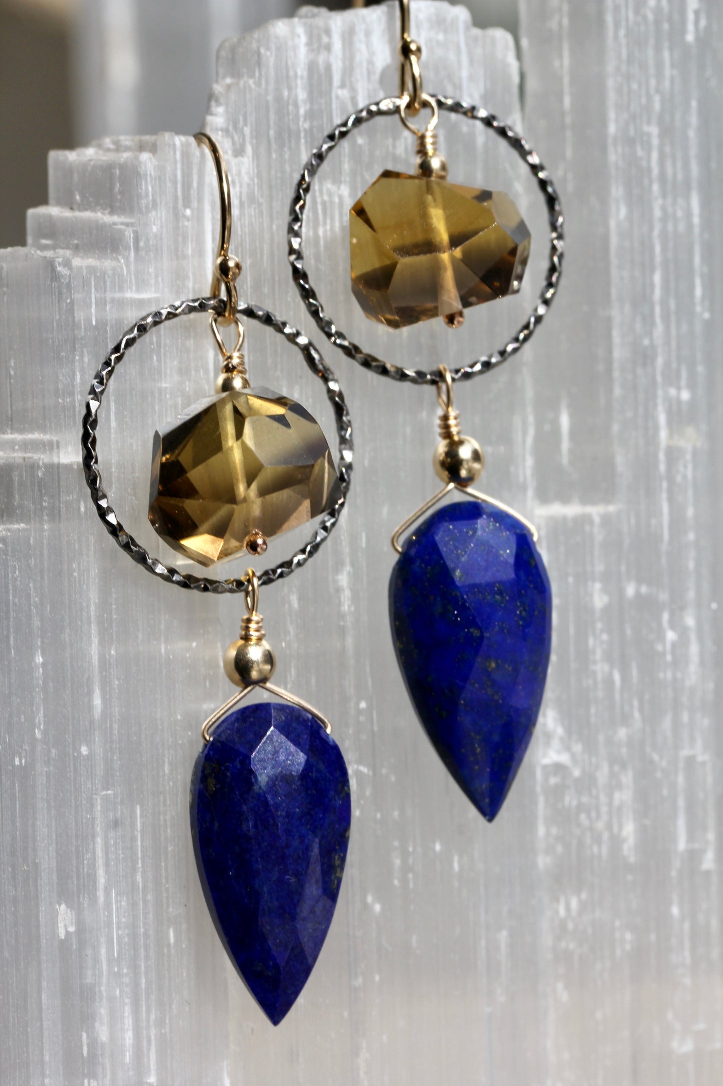 Lapis Beer Quartz Hoop Drop Earrings