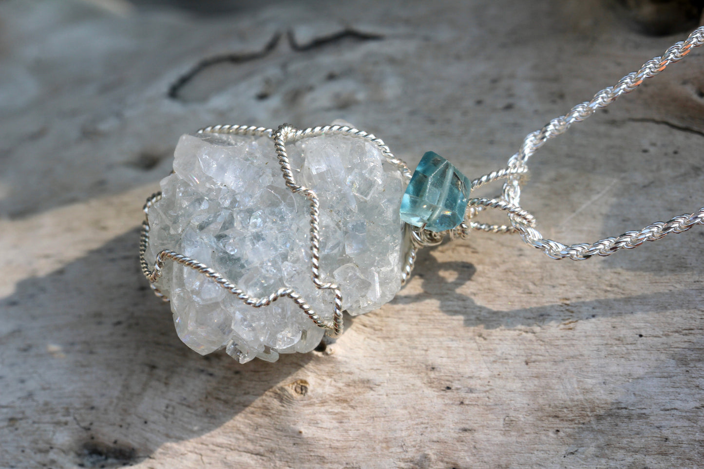 Apophyllite Crystal Cluster Blue Zircon Necklace