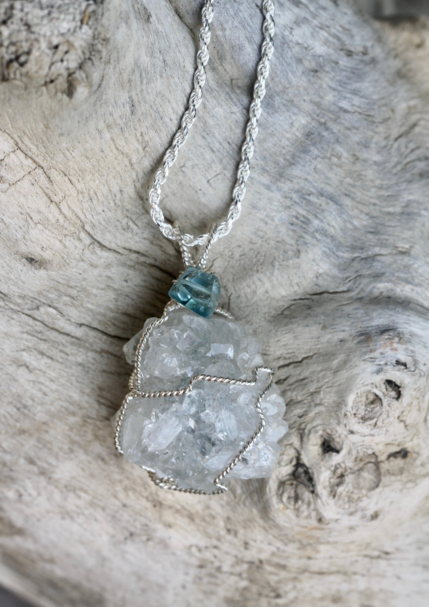 Apophyllite Crystal Cluster Blue Zircon Necklace