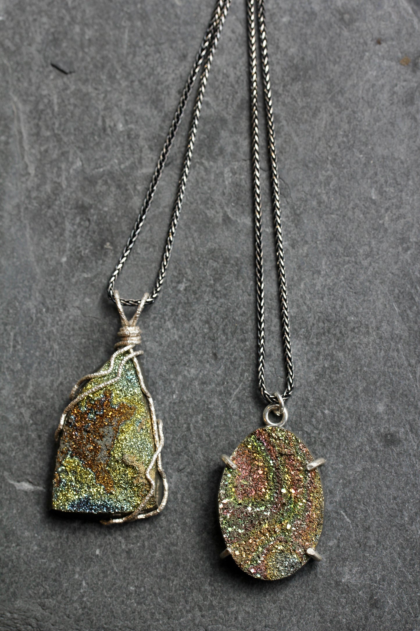 Rainbow Pyrite Oval Pendant Necklace