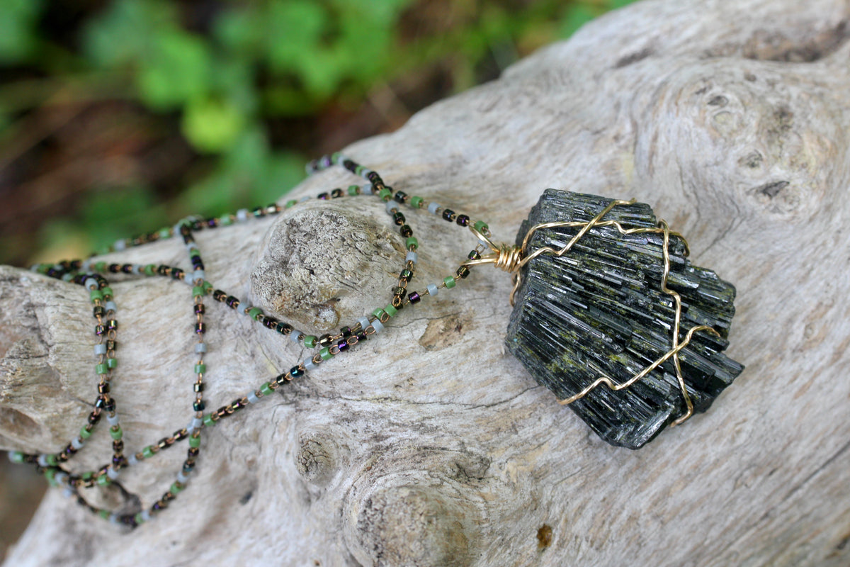 Chunky Epidote Glass Bead Chain Necklace