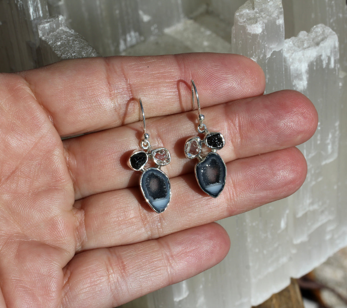 Geode Tourmaline Herkimer Earrings