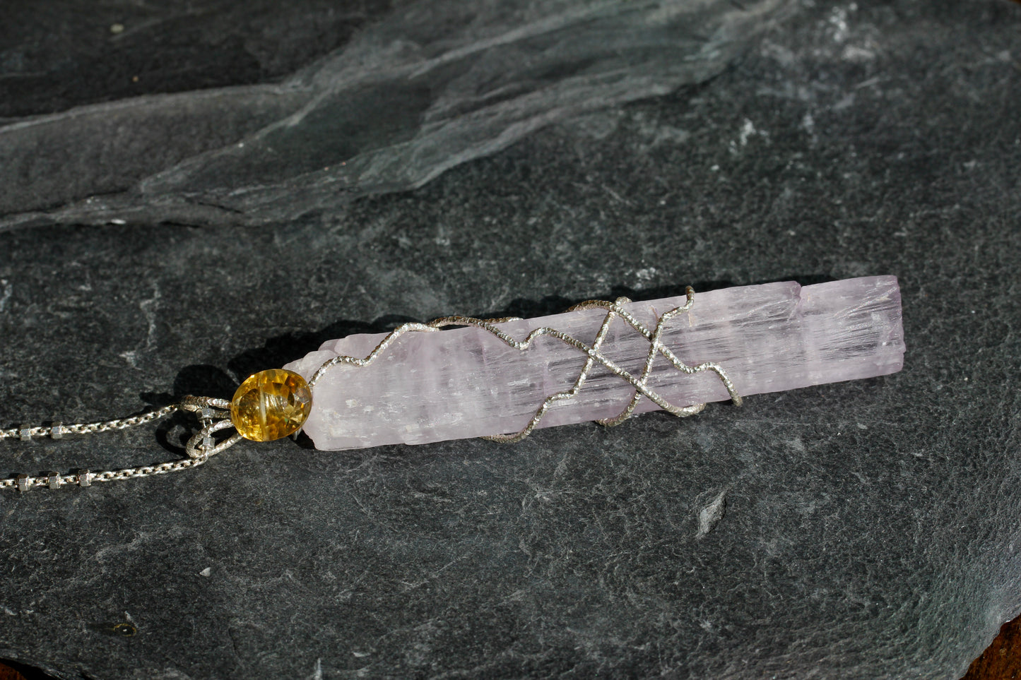 Long Kunzite Crystal Citrine Pendant