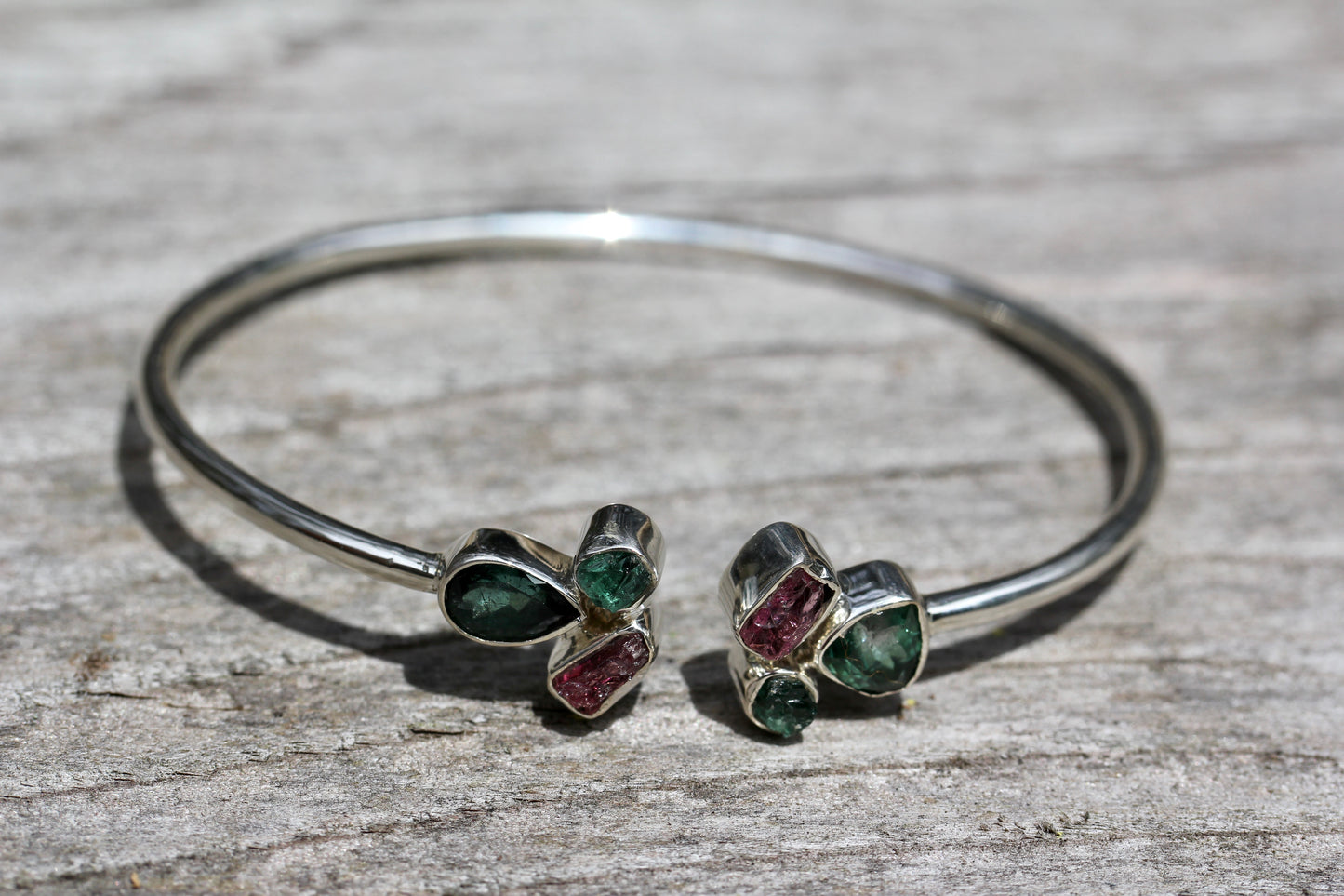 Indicolite and Pink Tourmaline Cluster Silver Bracelet