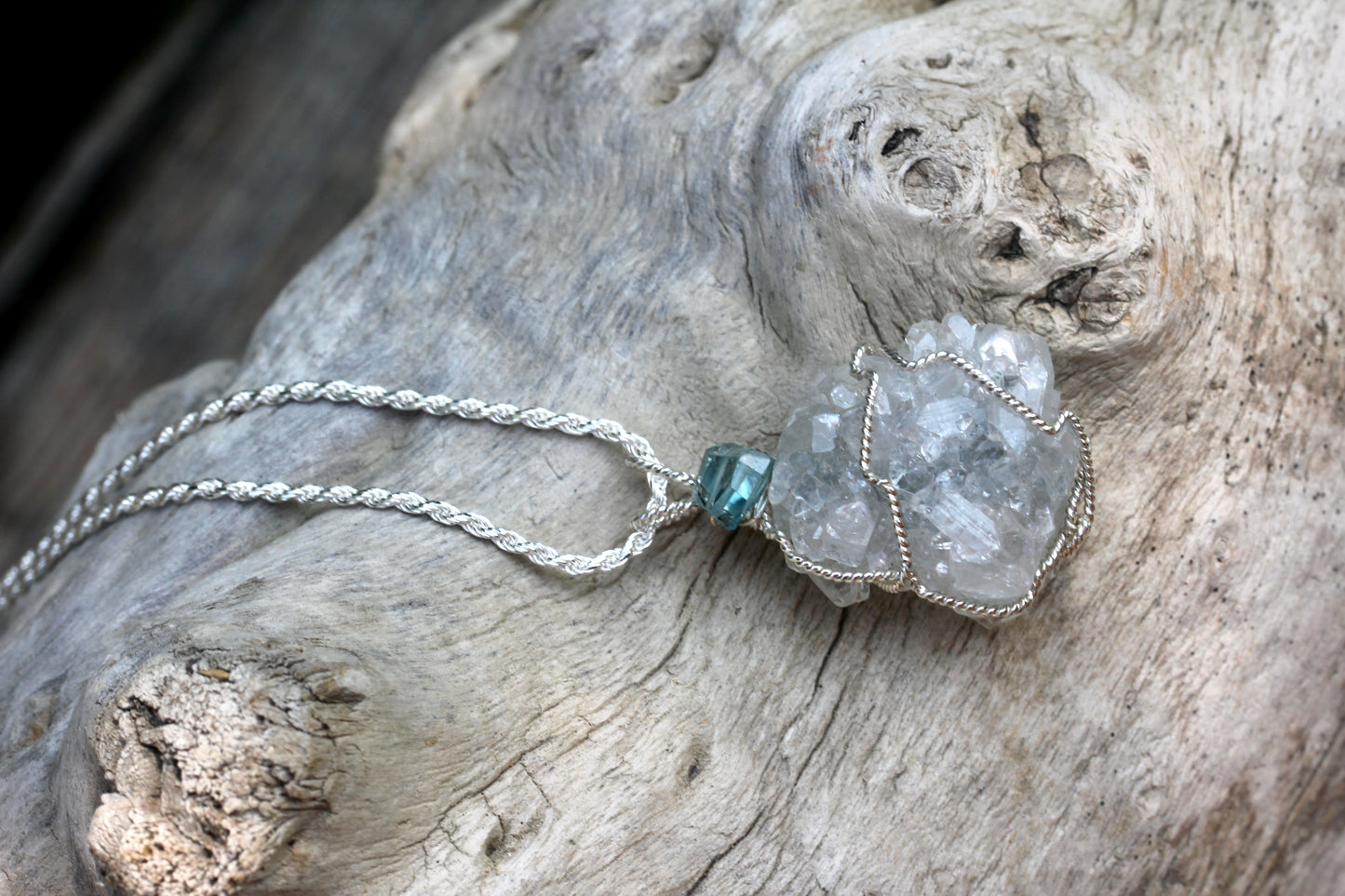 Apophyllite Crystal Cluster Blue Zircon Necklace