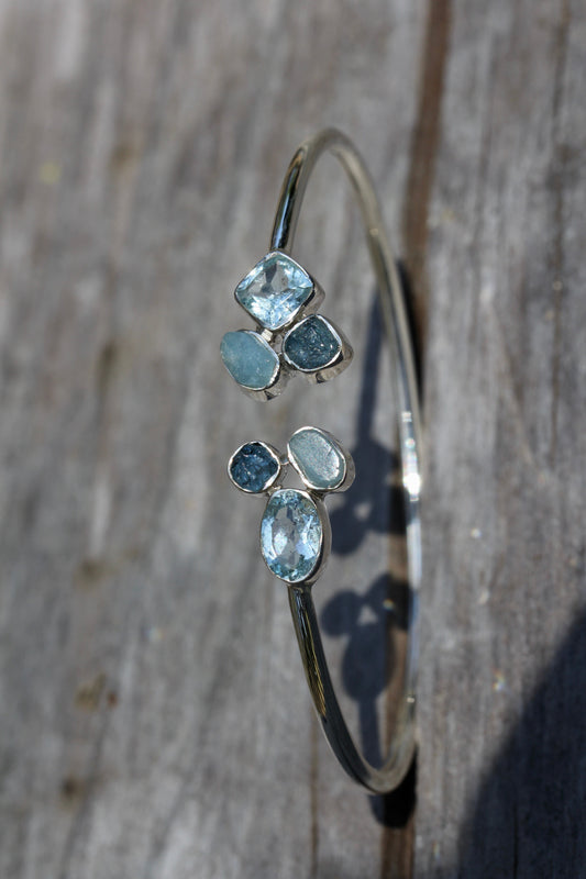 Aquamarine Cluster Silver Flex Bracelet