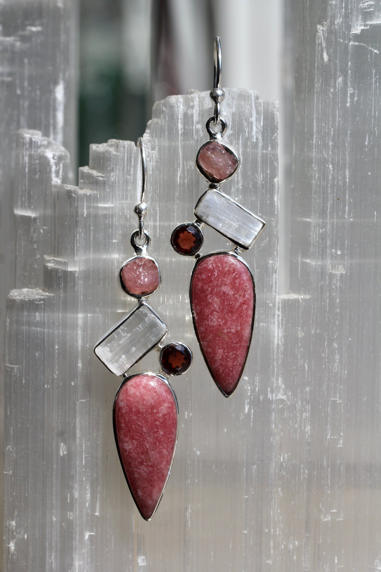 Thulite Selenite Garnet Rose Quartz Earrings