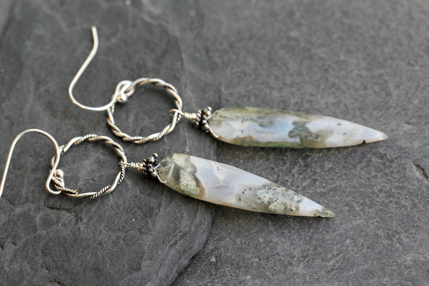 Moss Agate Long Ring Drop Earrings