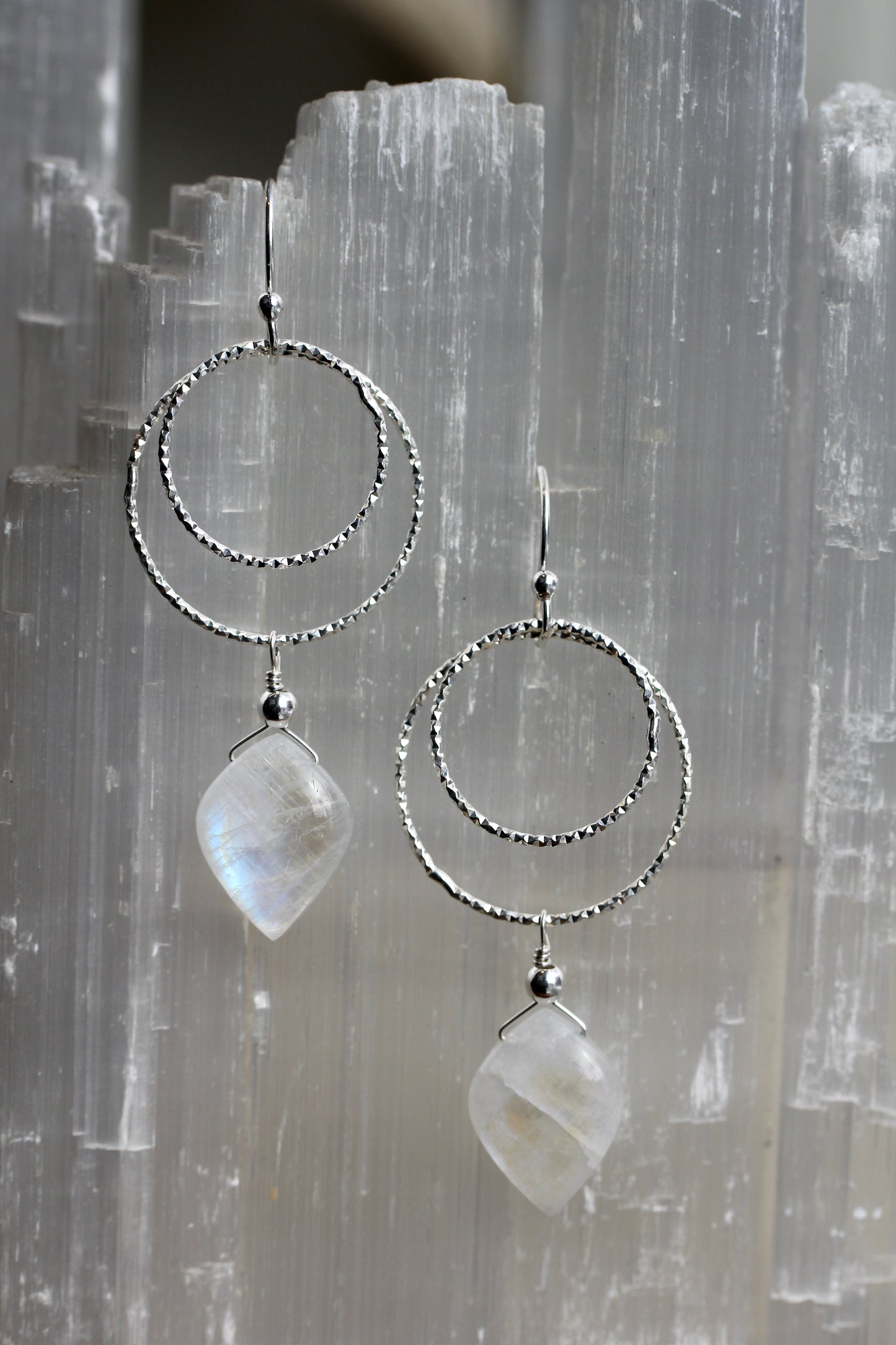 Rainbow Moonstone Double Ring Drop Earrings